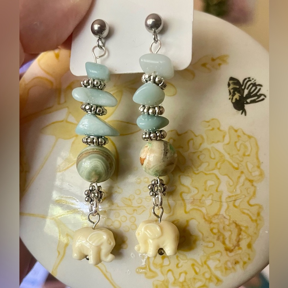 Larimar & Phoenix Stone Beaded Elephant Earrings - Picture 7 of 7